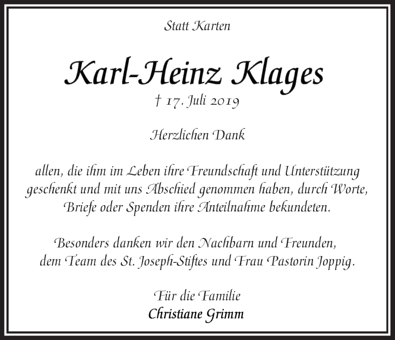 Traueranzeige von Karl-Heinz Klages von WESER-KURIER