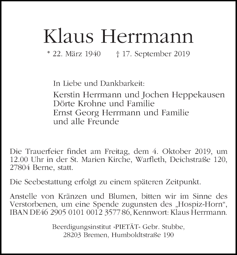 Traueranzeige von Klaus Herrmann von WESER-KURIER