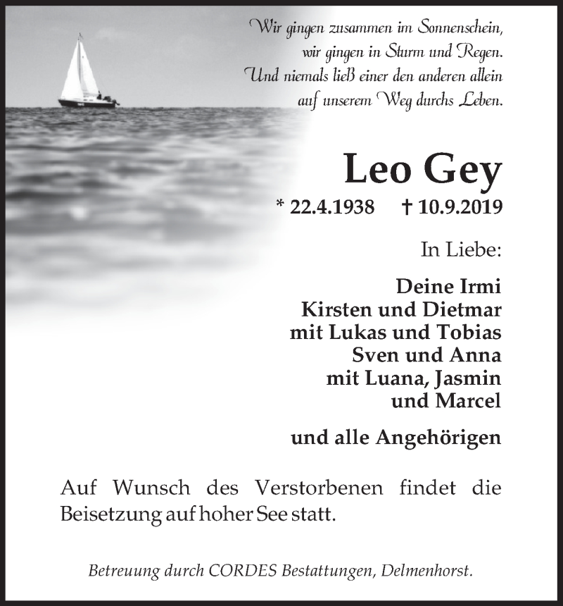 Traueranzeige von Leo Gey von WESER-KURIER