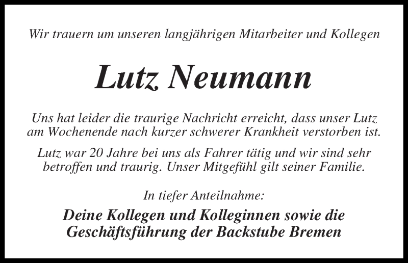 Traueranzeige von Lutz Neumann von Die Norddeutsche