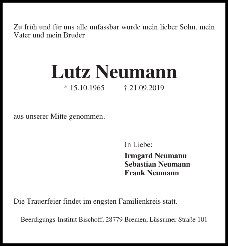 Traueranzeige von Lutz Neumann von Die Norddeutsche
