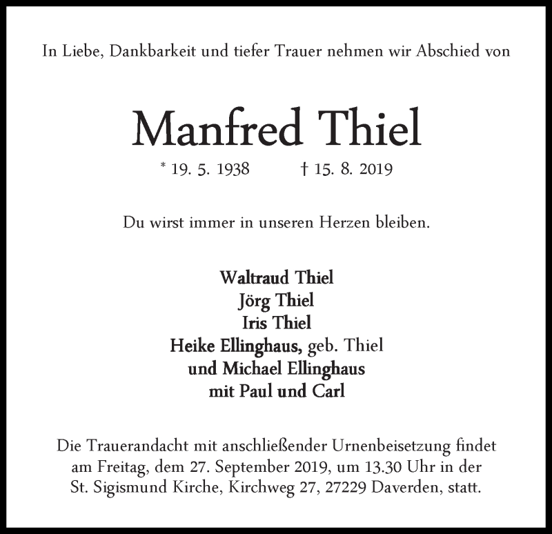 Traueranzeige von Manfred Thiel von WESER-KURIER