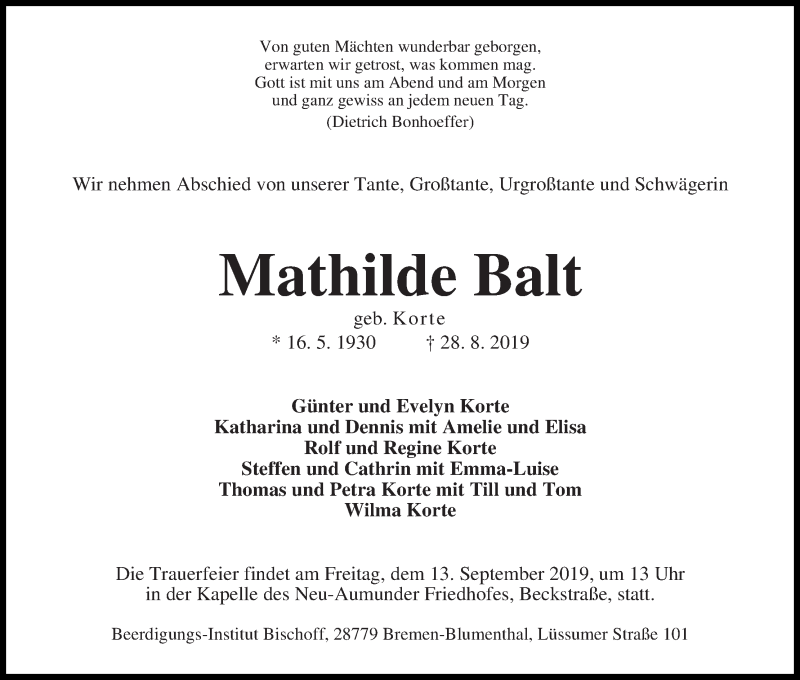 Traueranzeige von Mathilde Balt von Die Norddeutsche