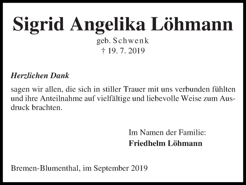 Traueranzeige von Sigrid Angelika Löhmann von Die Norddeutsche