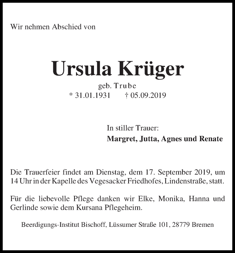 Traueranzeige von Ursula Krüger von Die Norddeutsche