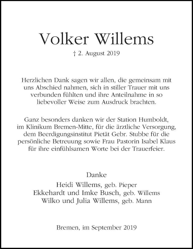 Traueranzeige von Volker Willems von WESER-KURIER