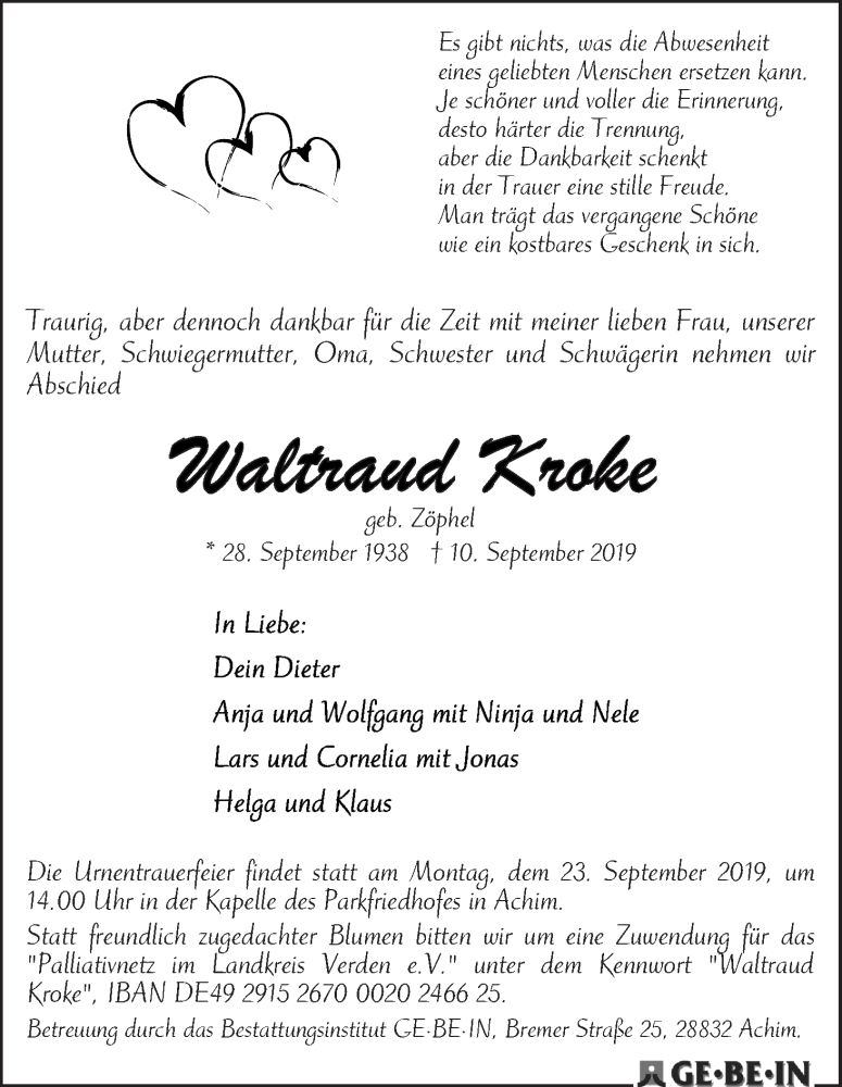 Traueranzeige von Waltraud Kroke von Achimer Kurier/Verdener Nachrichten