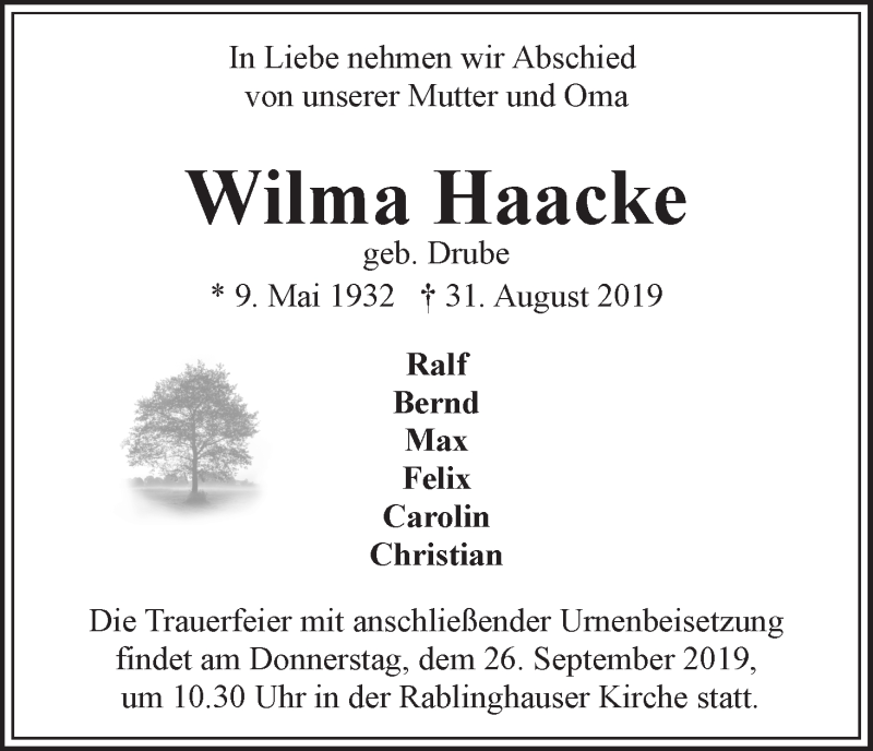 Traueranzeige von Wilma Haacke von WESER-KURIER