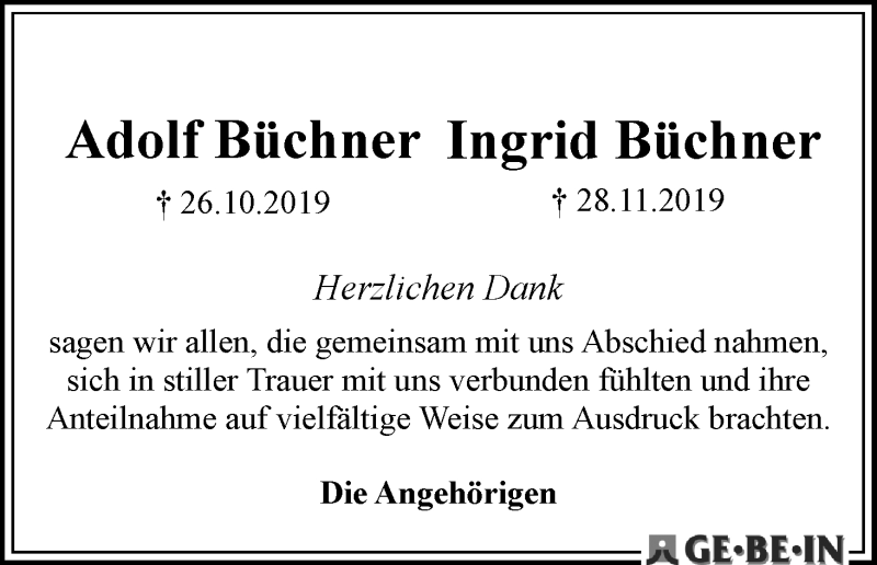 Traueranzeige von Adolf und Ingrid Büchner von WESER-KURIER