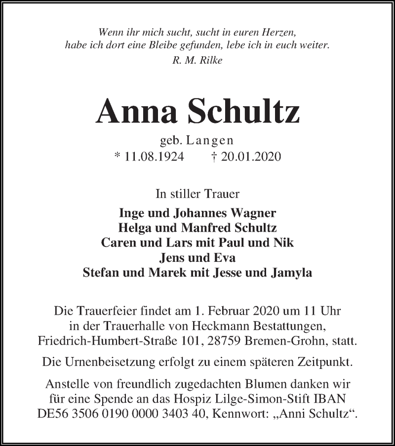 Traueranzeige von Anna Schultz von WESER-KURIER