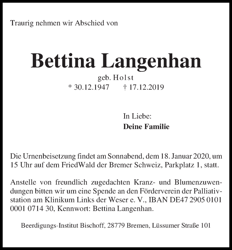 Traueranzeige von Bettina Langenhahn von Die Norddeutsche