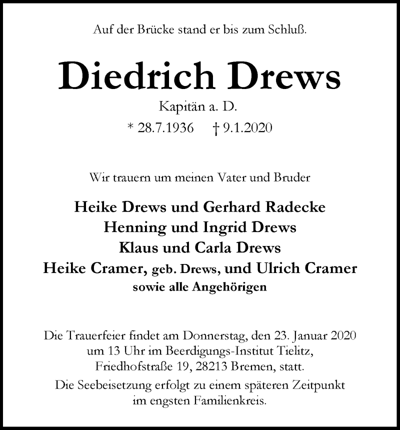 Traueranzeige von Diedrich Drews von WESER-KURIER