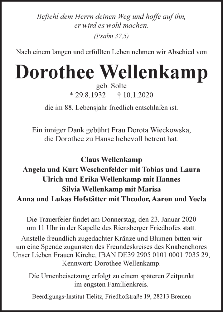 Traueranzeige von Dorothee Wellenkamp von WESER-KURIER