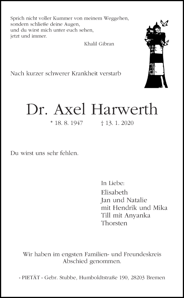 Traueranzeige von Dr. Axel Harwerth von WESER-KURIER