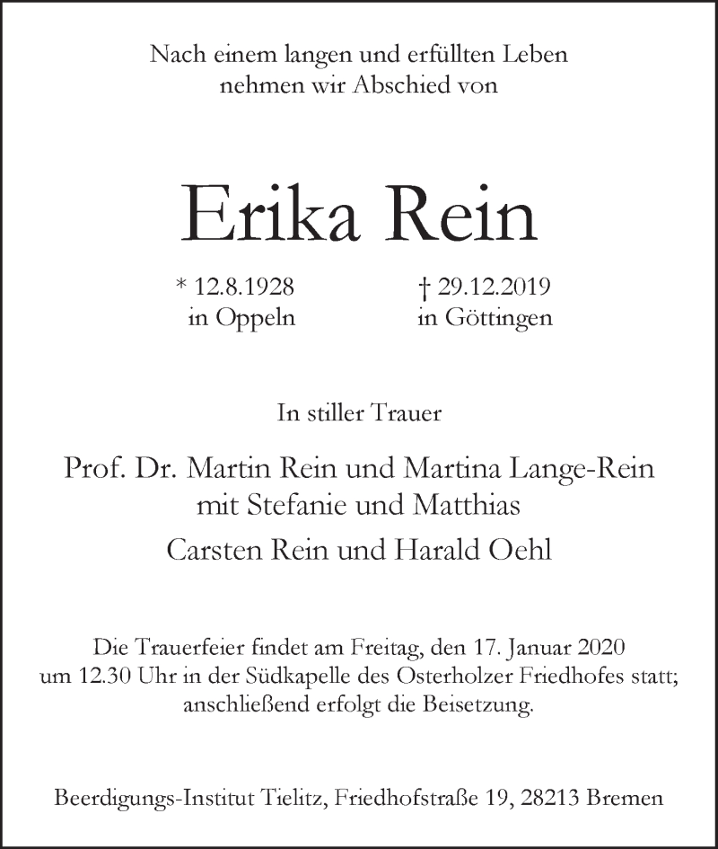 Traueranzeige von Erika Rein von WESER-KURIER