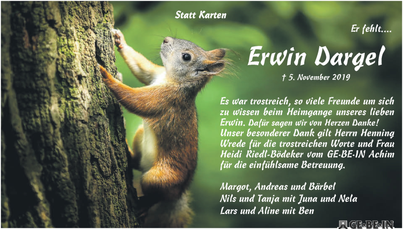 Traueranzeige von Erwin Dargel von Die Norddeutsche