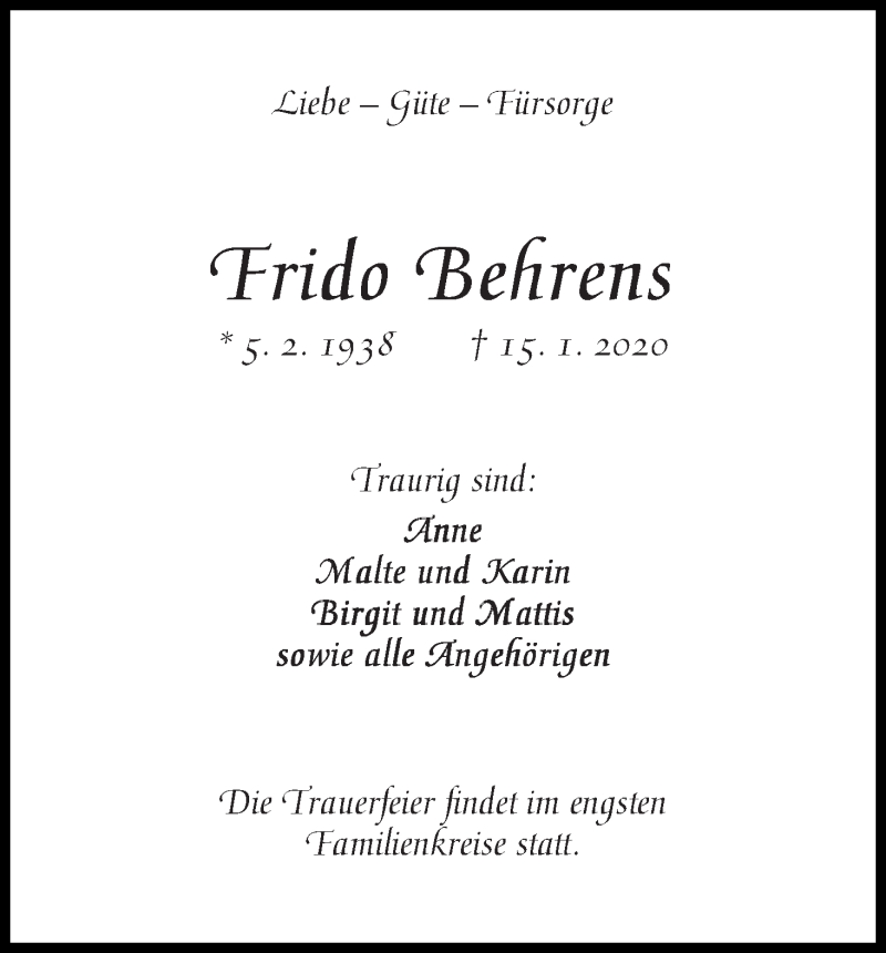 Traueranzeige von Frido Behrens von Die Norddeutsche