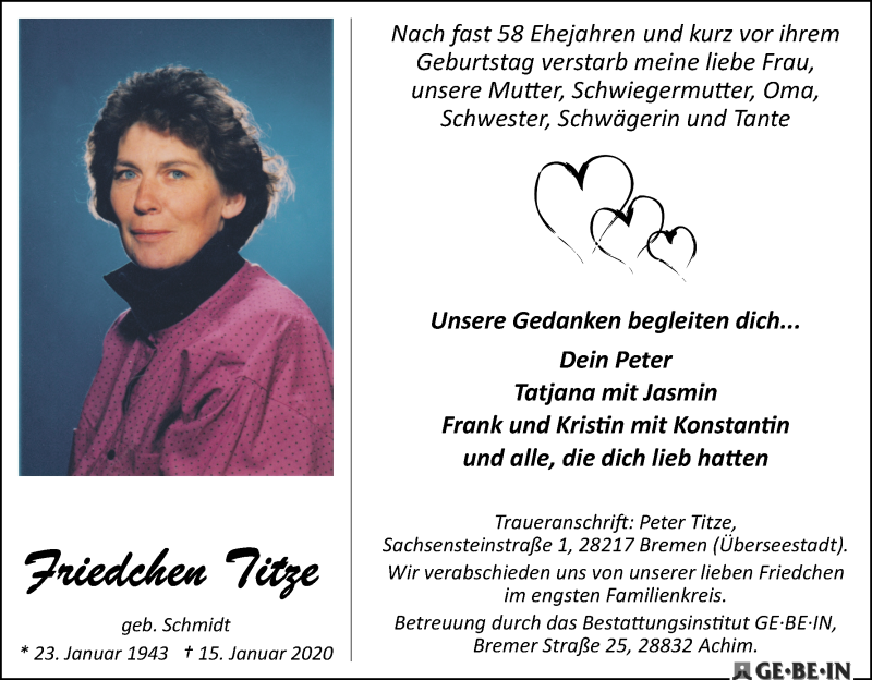 Traueranzeige von Friedchen Titze von WESER-KURIER