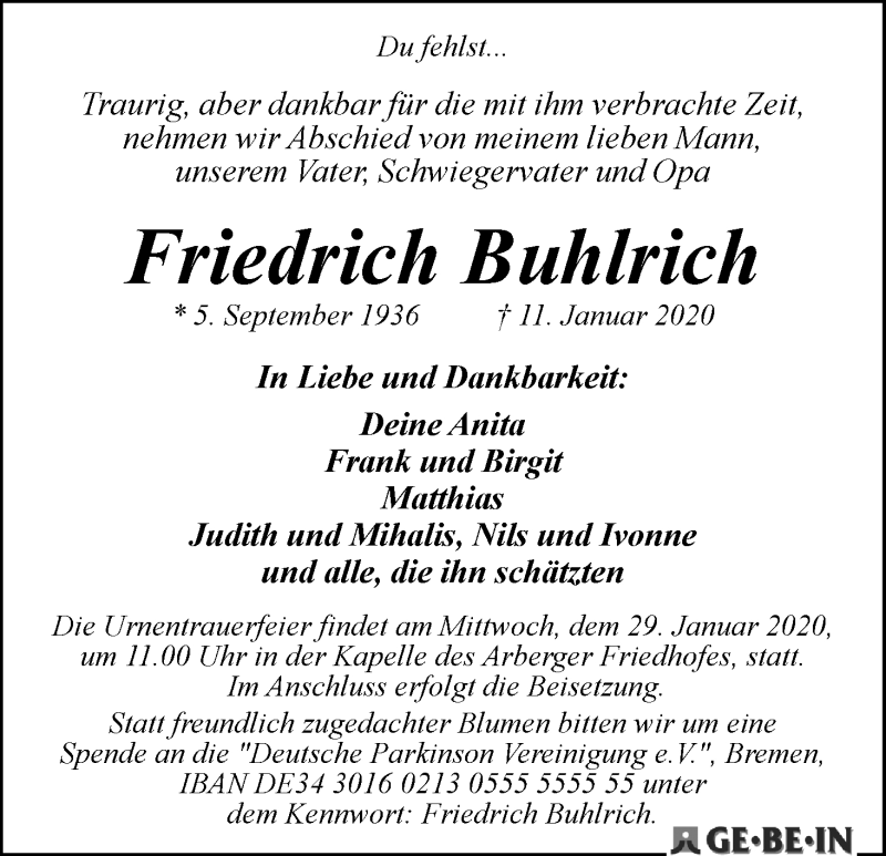 Traueranzeige von Friedrich Buhlrich von WESER-KURIER