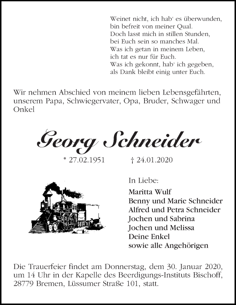 Traueranzeige von Georg Schneider von Die Norddeutsche