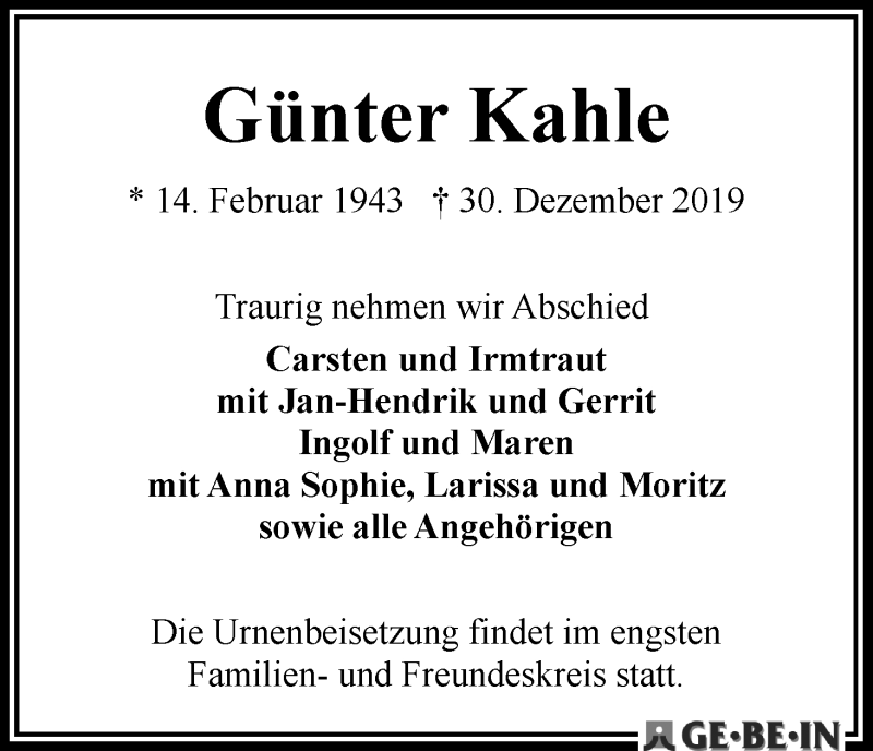 Traueranzeige von Günter Kahle von WESER-KURIER
