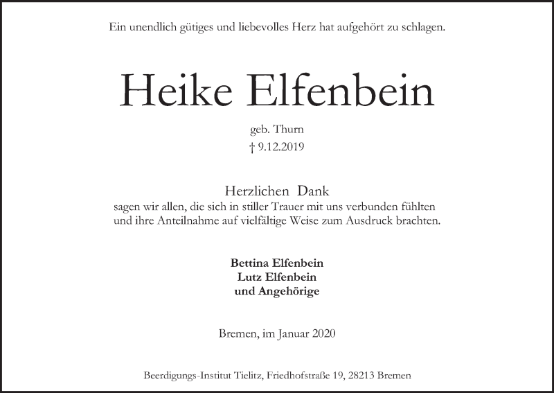 Traueranzeige von Heike Elfenbein von WESER-KURIER