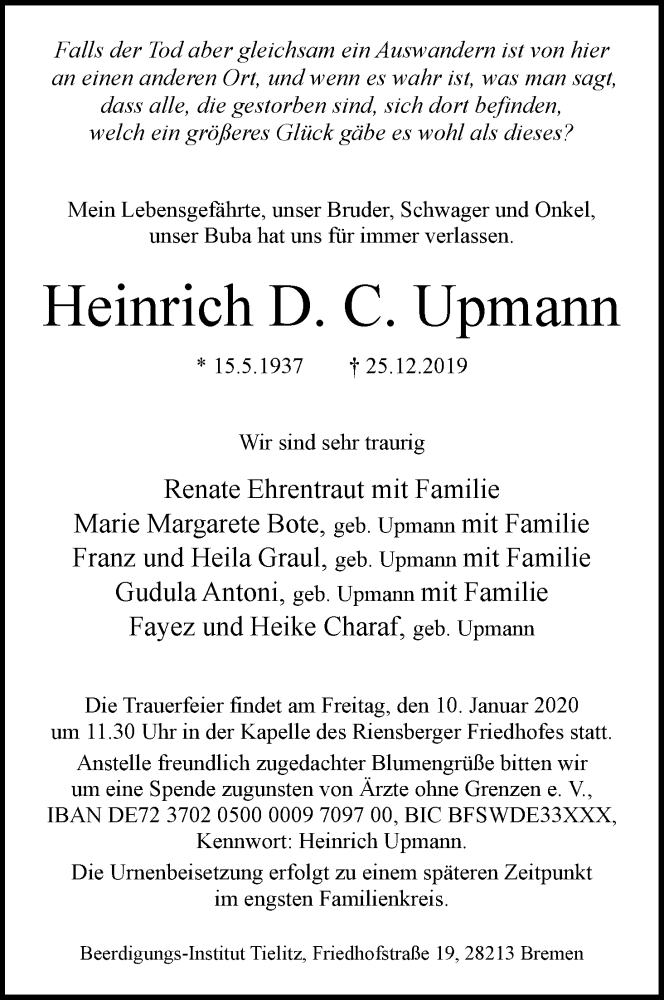 Traueranzeige von Heinrich D. C. Upmann von WESER-KURIER