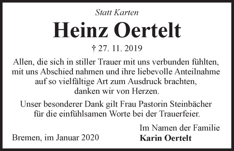 Traueranzeige von Heinz Oertelt von WESER-KURIER