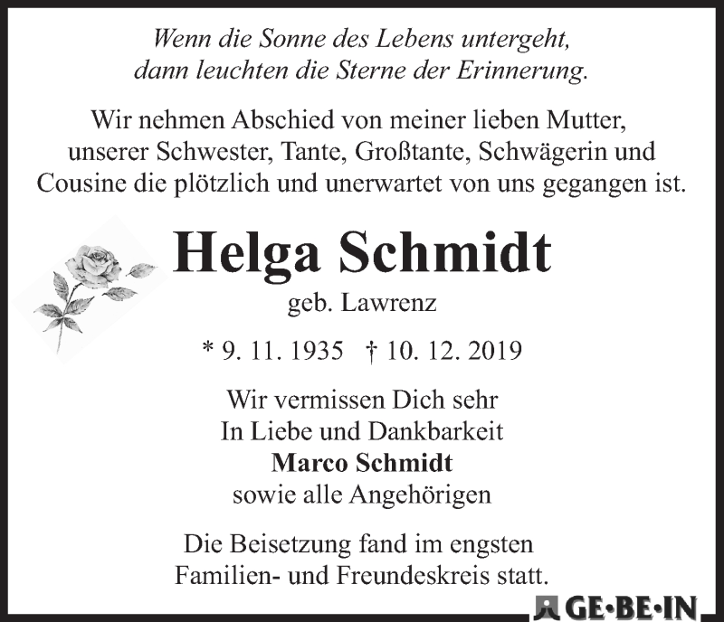 Traueranzeige von Helga Schmidt von WESER-KURIER
