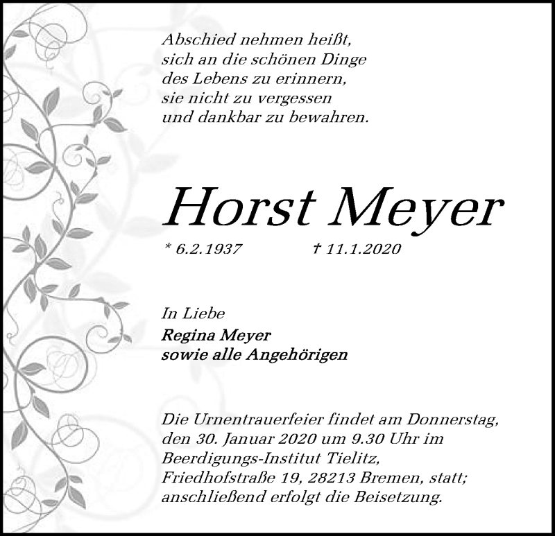 Traueranzeige von Horst Meyer von WESER-KURIER