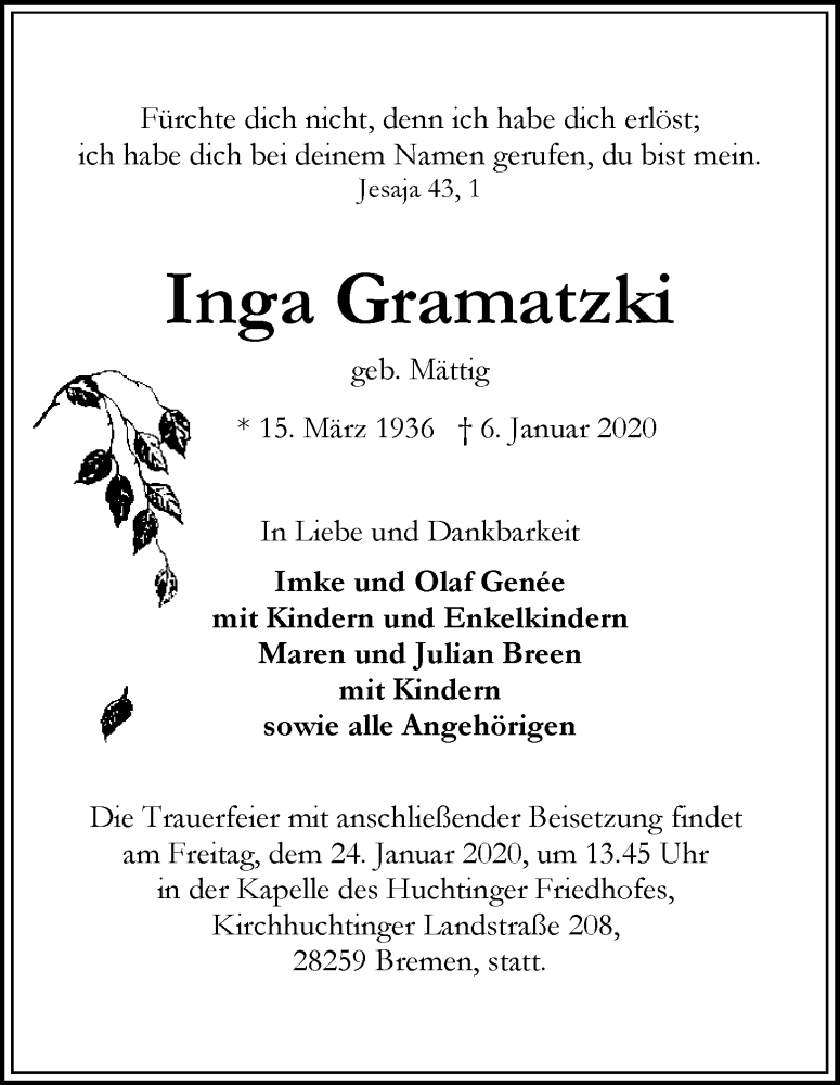 Traueranzeige von Inga Gramatzki von WESER-KURIER