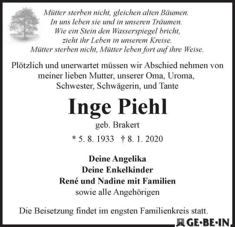Traueranzeige von Inge Piehl von WESER-KURIER