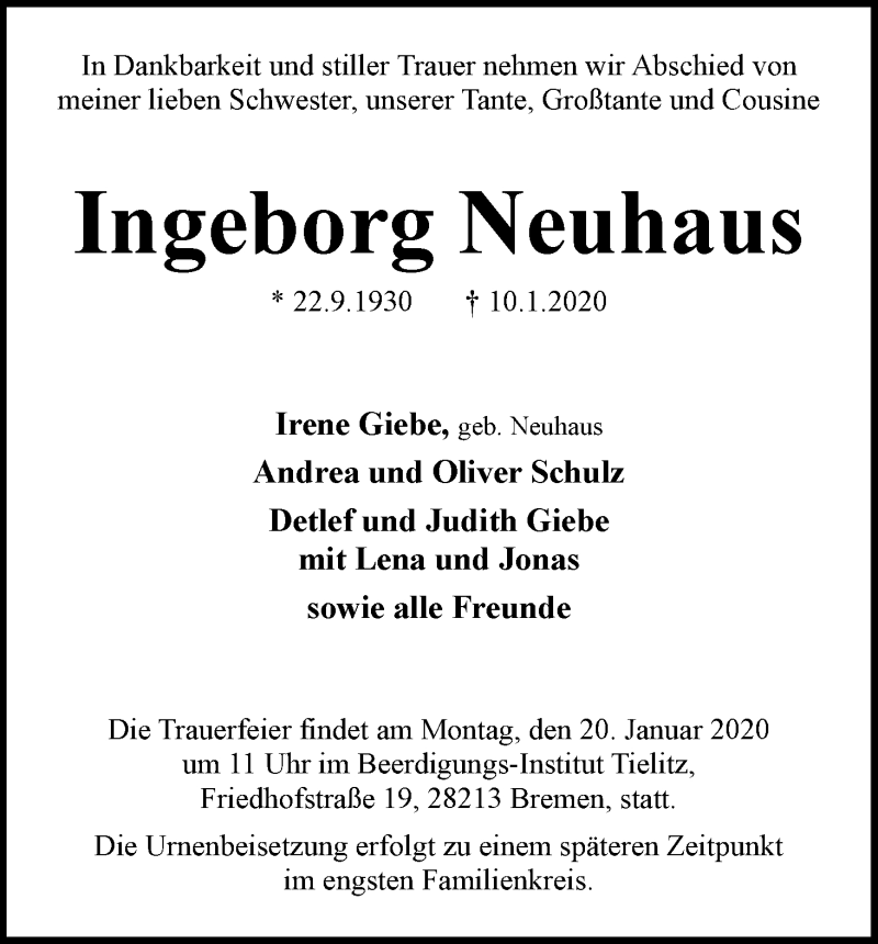 Traueranzeige von Ingeborg Neuhaus von WESER-KURIER