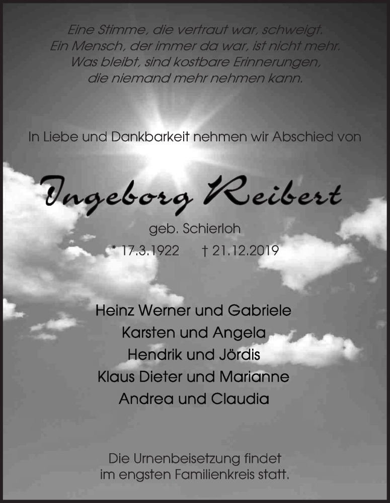 Traueranzeige von Ingeborg Reibert von WESER-KURIER