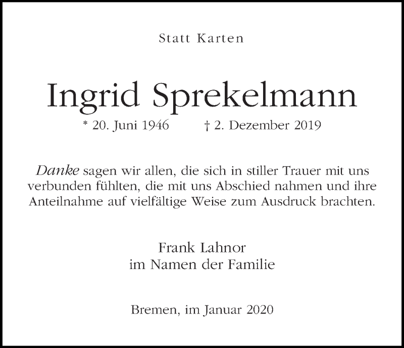 Traueranzeige von Ingrid Sprekelmann von WESER-KURIER