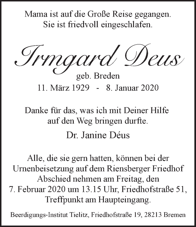 Traueranzeige von Irmgard Deus von WESER-KURIER