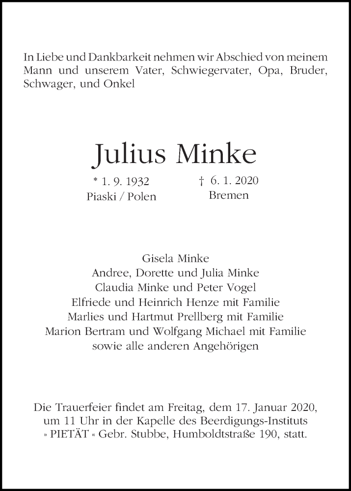 Traueranzeige von Julius Minke von WESER-KURIER