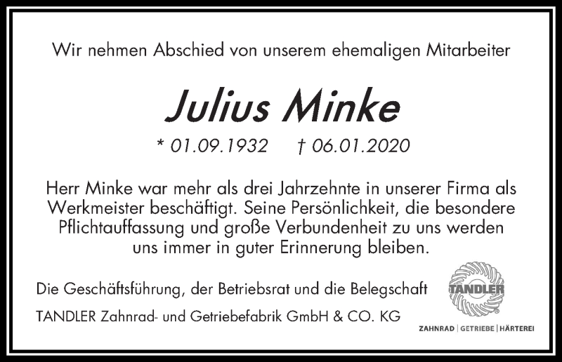 Traueranzeige von Julius Minke von WESER-KURIER