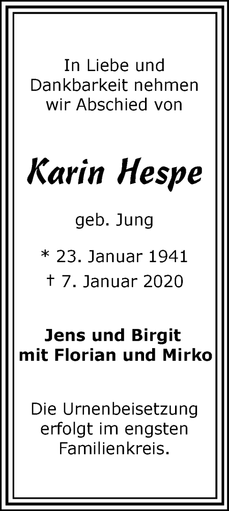 Traueranzeige von Karin Hespe von WESER-KURIER