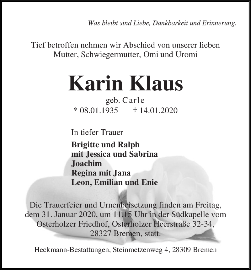 Traueranzeige von Karin Klaus von WESER-KURIER