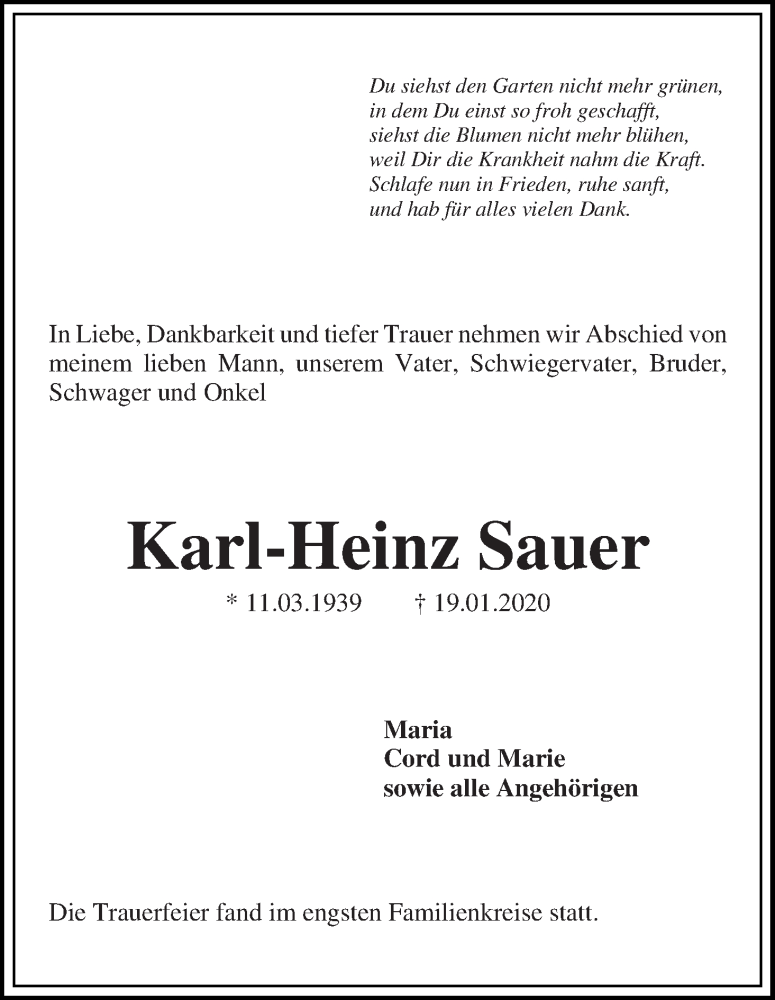 Traueranzeige von Karl-Heinz Sauer von Die Norddeutsche