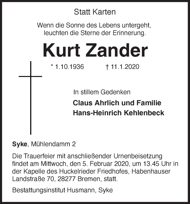 Traueranzeige von Kurt Zander von WESER-KURIER