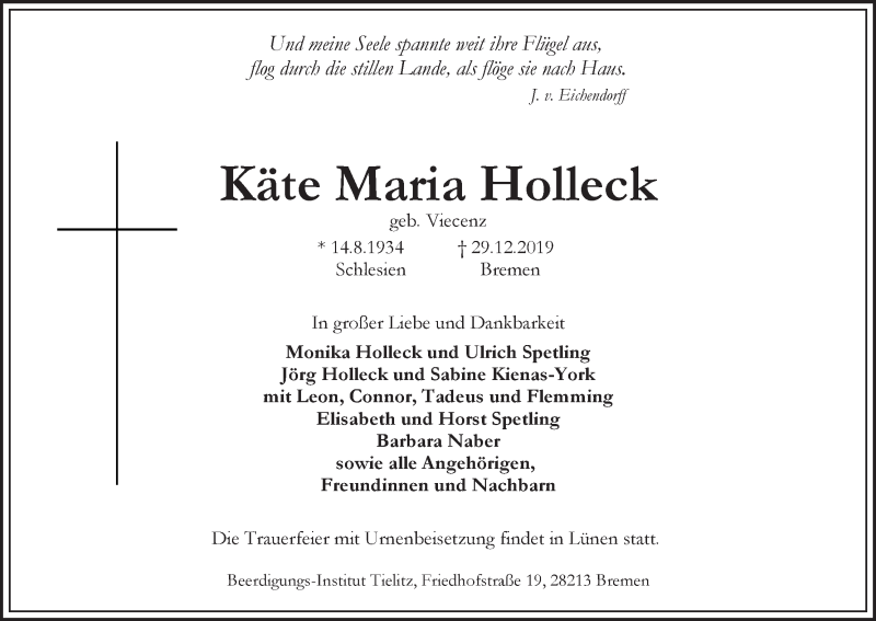 Traueranzeige von Käte Maria Holleck von WESER-KURIER