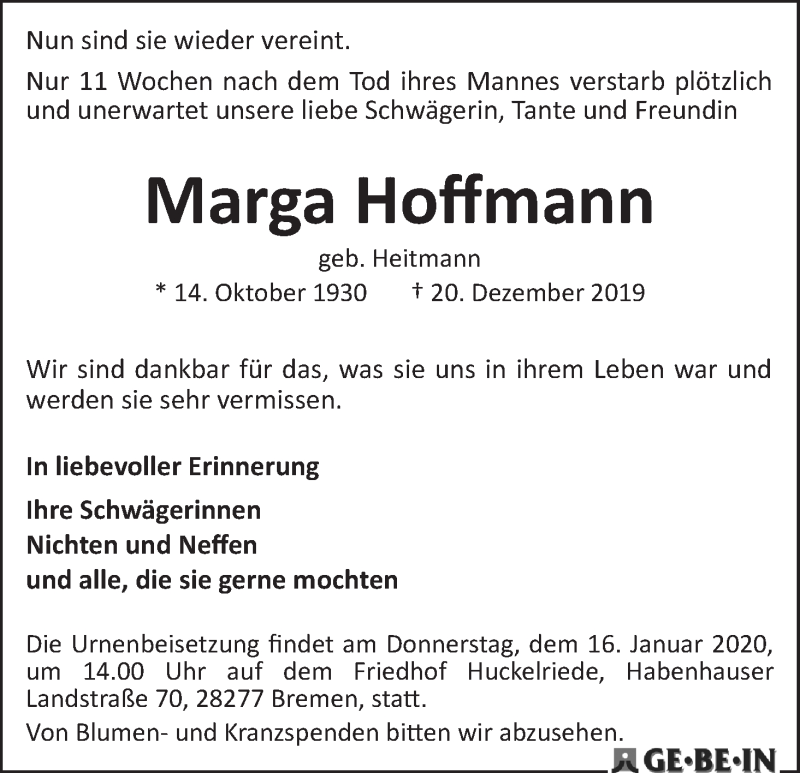 Traueranzeige von Marga Hoffmann von WESER-KURIER