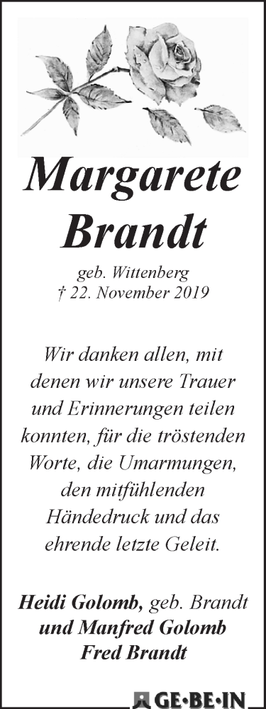 Traueranzeige von Margarete Brandt von WESER-KURIER