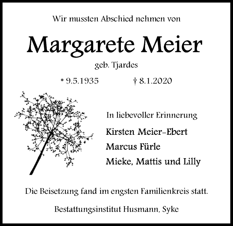 Traueranzeige von Margarete Meier von WESER-KURIER