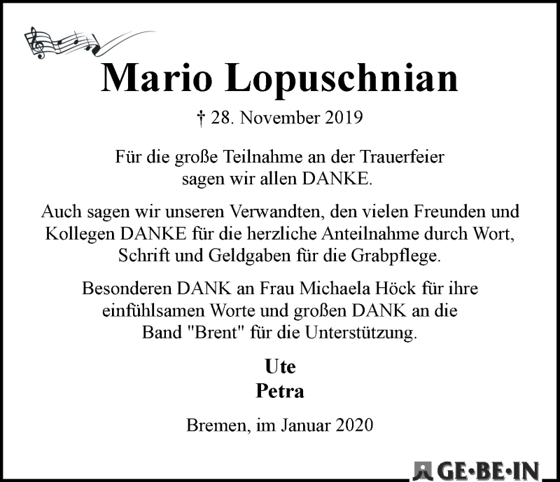 Traueranzeige von Mario Lopuschnian von WESER-KURIER