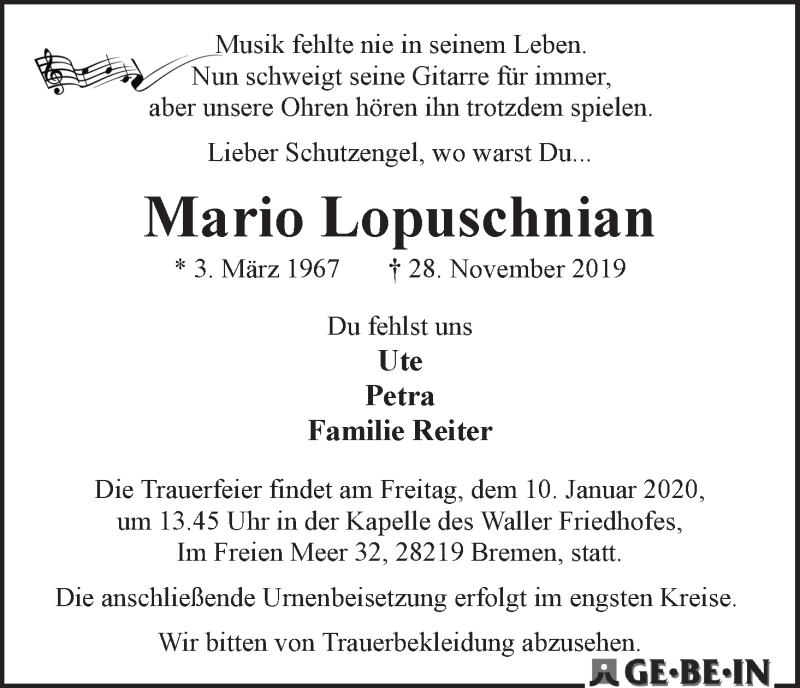Traueranzeige von Mario Lopuschnian von WESER-KURIER