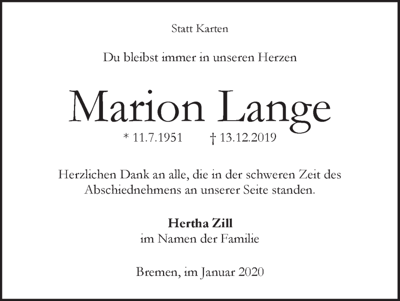 Traueranzeige von Marion Lange von WESER-KURIER