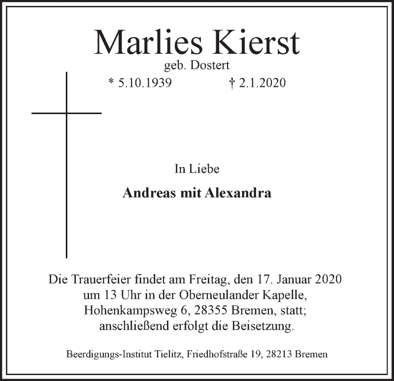 Traueranzeige von Marlies Kierst von WESER-KURIER